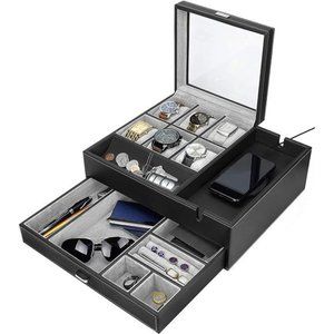 Commander Dresser Valet Watch Box Case & Mens Jewelry Box Organizer